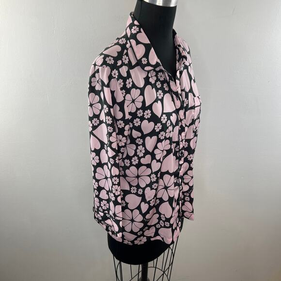 KATE SPADE Black Pink Top Clover Hearts Print Collared PJ Button-Up Medium M - Picture 6 of 11